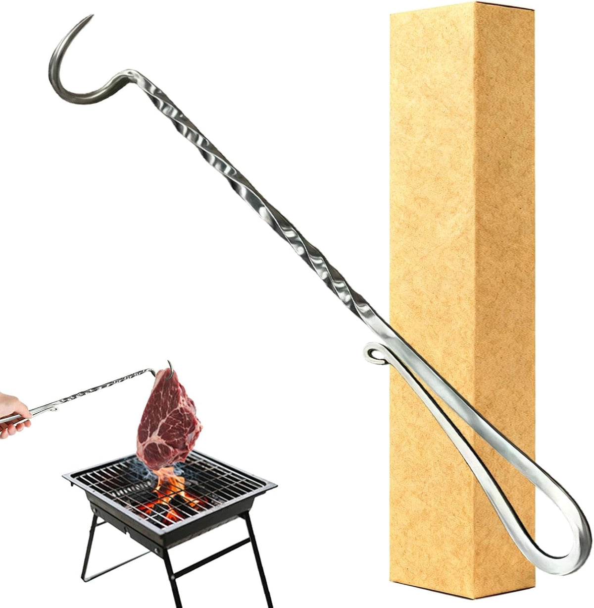 Meat Flipper, Grill Hooks for Turning, Heavy Duty Stainless Steel BBQ Turner Hooks with Long Handle for Flipping Ribs, Pork Shoulder, Roast on Smoker Grilling (Right Hand A)