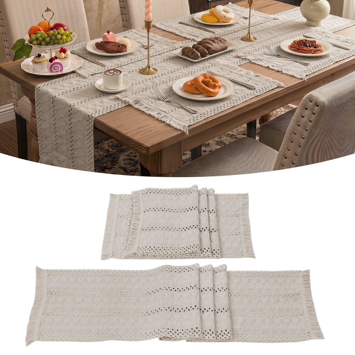 MeyJey Table Runner and Placemats Set of 4, Washable Fabric Rectangle Dining Table Mats with Tassels for Dining Tables, Kitchen, Red/Beige