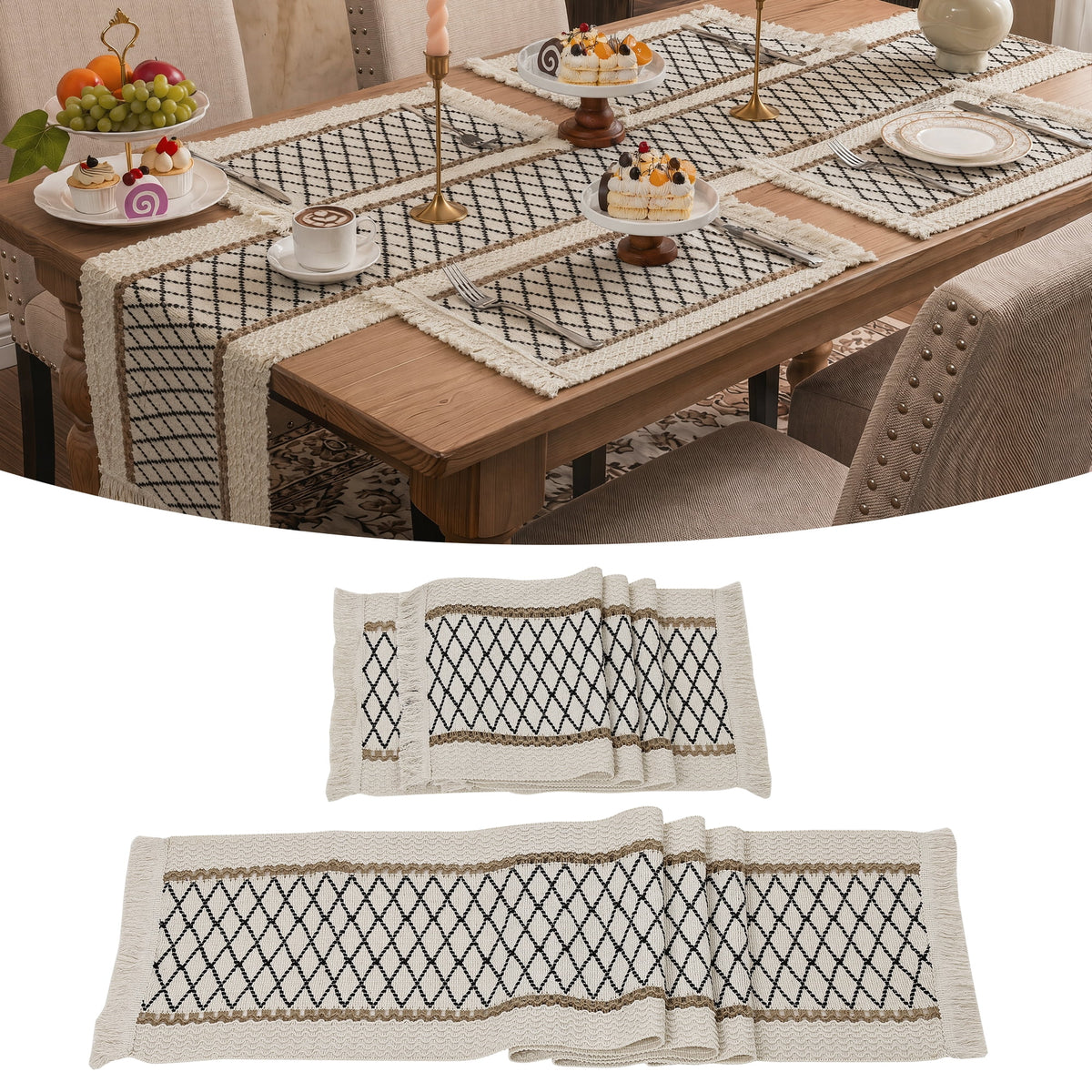 MeyJey Table Runner and Placemats Set of 4, Washable Fabric Rectangle Dining Table Mats with Tassels for Dining Tables, Kitchen, Red/Beige