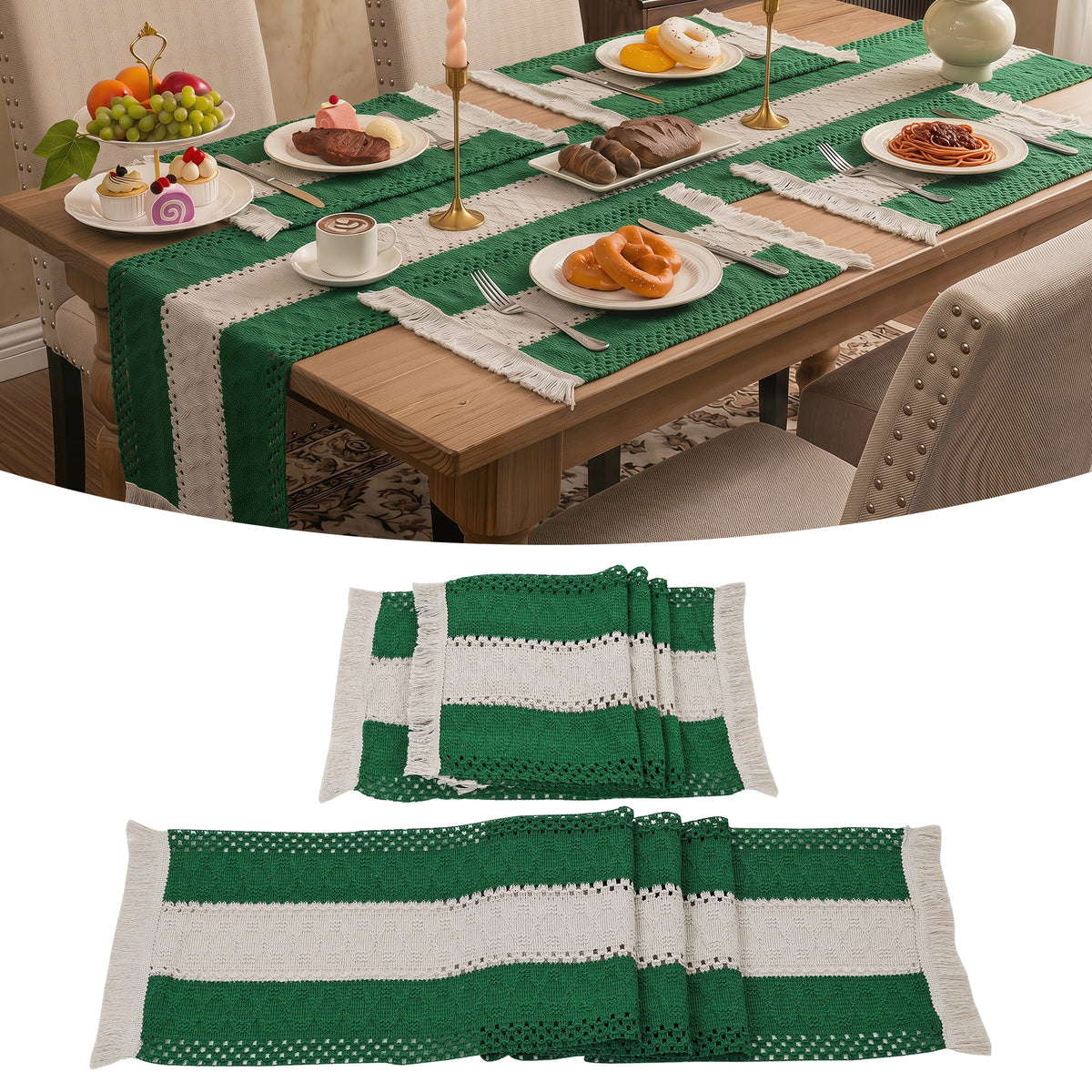 MeyJey Table Runner and Placemats Set of 4, Washable Fabric Rectangle Dining Table Mats with Tassels for Dining Tables, Kitchen, Red/Beige