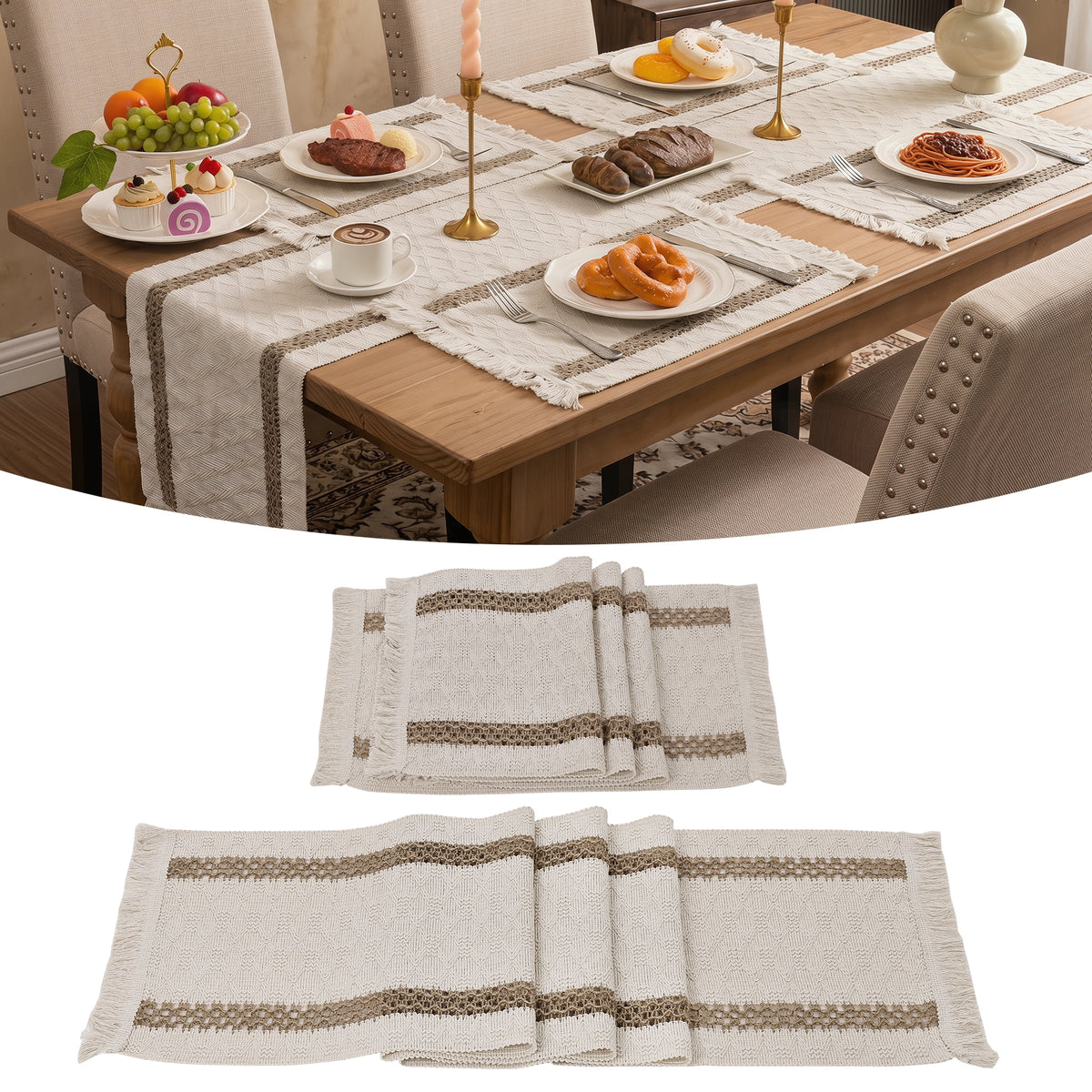 MeyJey Table Runner and Placemats Set of 4, Washable Fabric Rectangle Dining Table Mats with Tassels for Dining Tables, Kitchen, Red/Beige