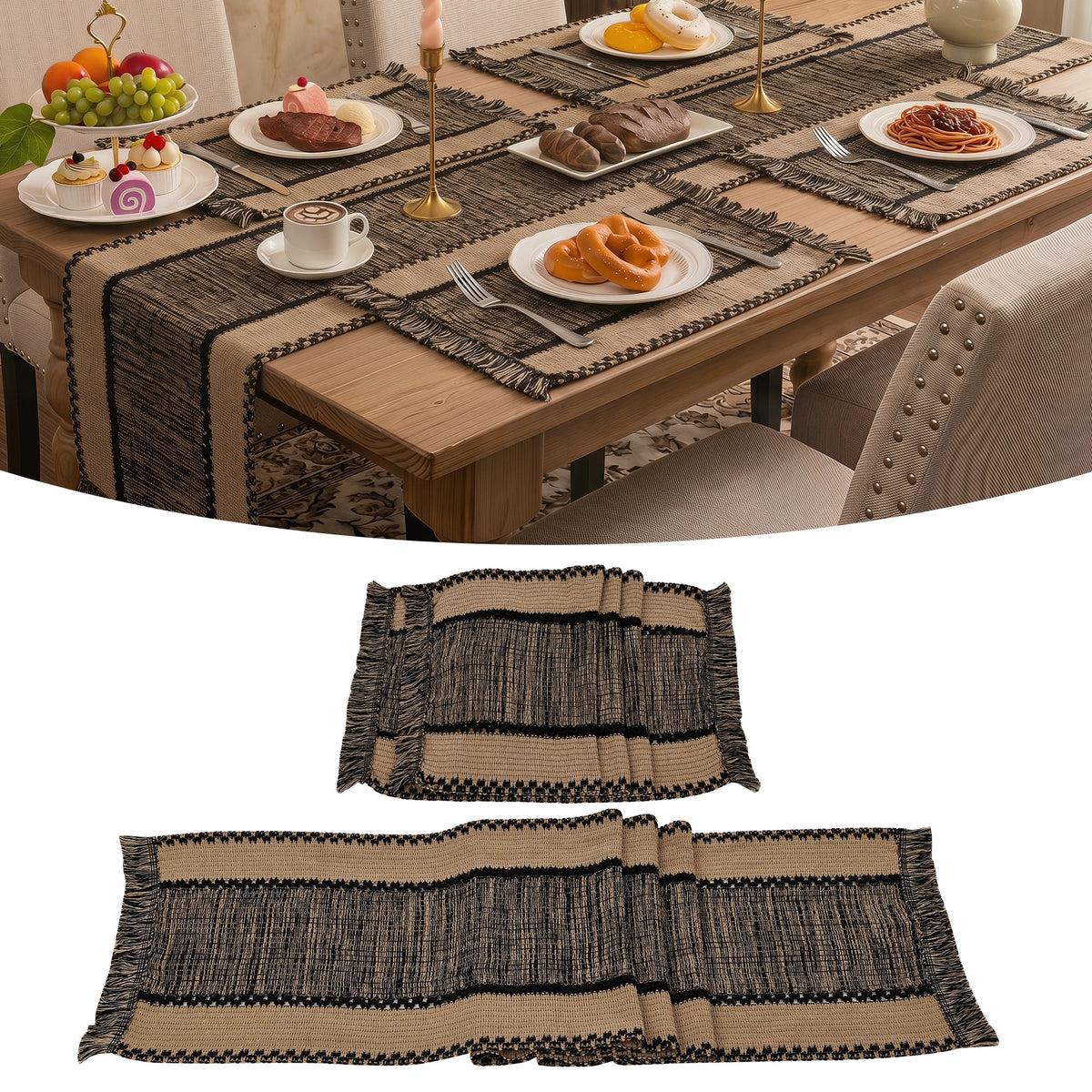 MeyJey Table Runner and Placemats Set of 4, Washable Fabric Rectangle Dining Table Mats with Tassels for Dining Tables, Kitchen, Red/Beige