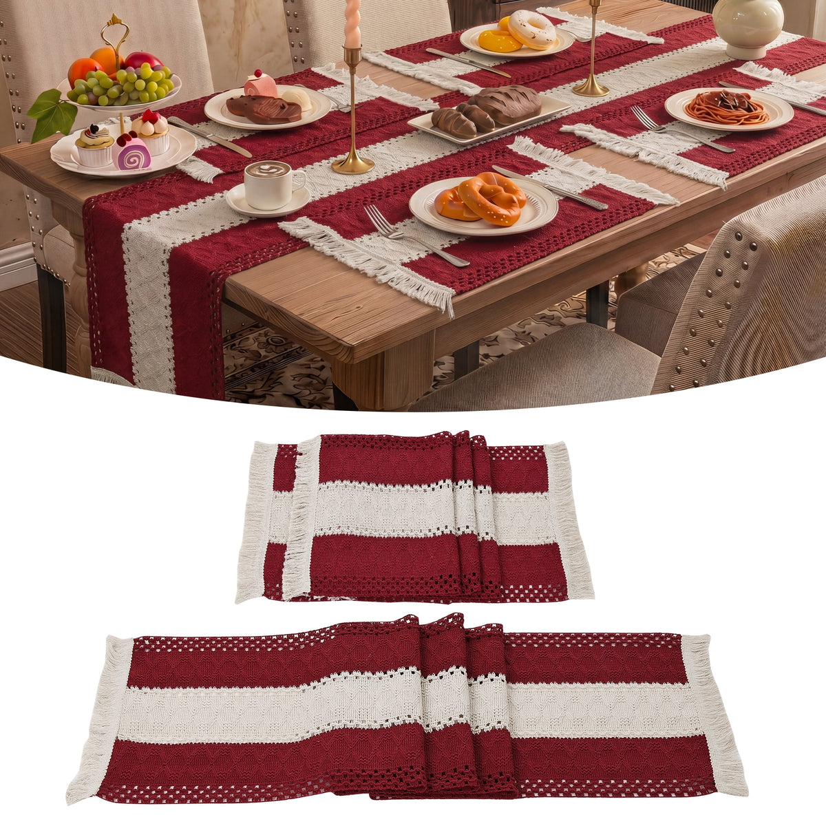 MeyJey Table Runner and Placemats Set of 4, Washable Fabric Rectangle Dining Table Mats with Tassels for Dining Tables, Kitchen, Red/Beige