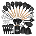 NULAS Kitchen Utensils Set, 37 pcs Non-Stick Silicone Cooking Kitchen Utensils Spatula Set with Holder,446℉ Heat Resistant,Wood Handle Kitchen Gadgets,Black