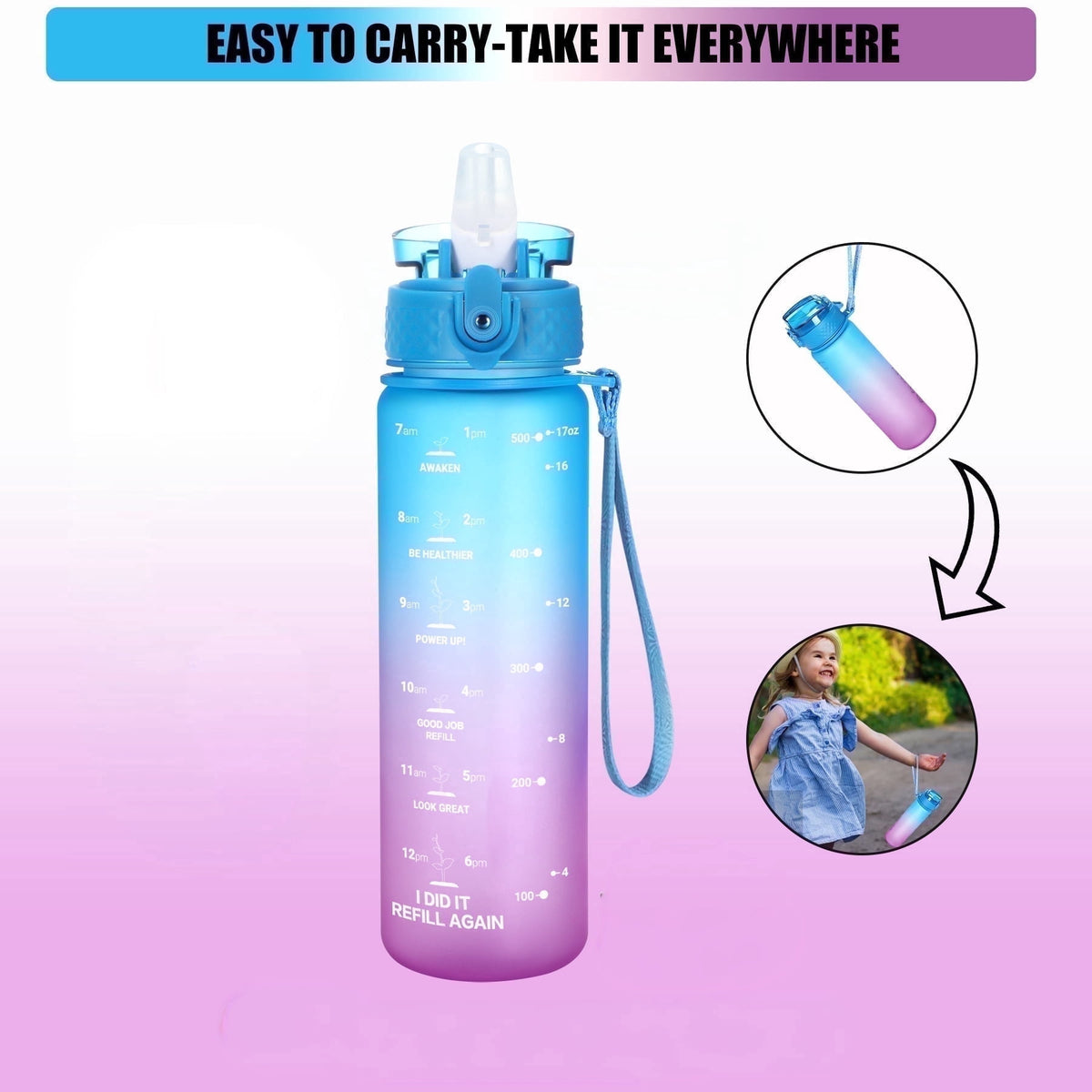 Oldley Transparent Tritan Kids Bottle – 17oz Straw Water Bottle with One-Hand Open Button, Lockable Leak-Proof Lid, Ideal for Daily Hydration
