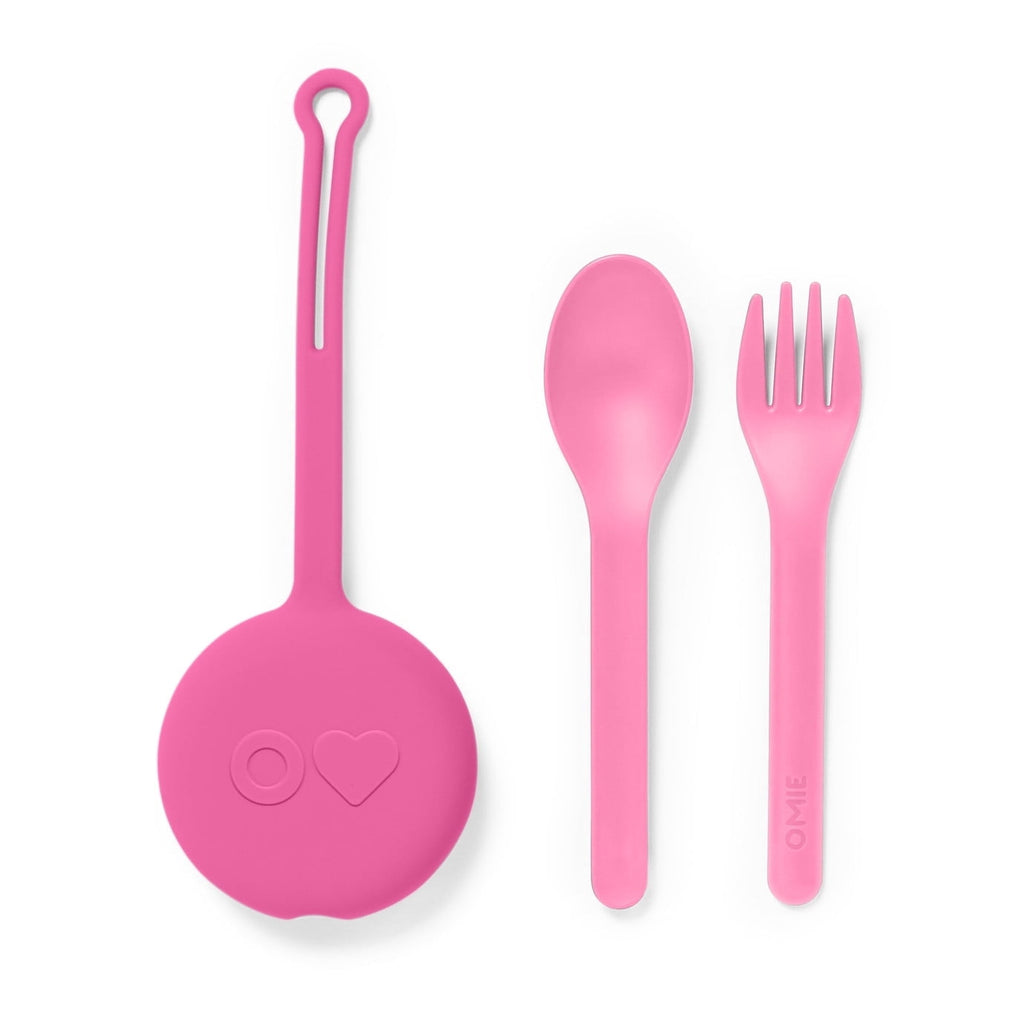 OmieBox OmiePod Kids Utensils Set with Case - 2 Piece Plastic, Reusable Fork and Spoon Silverware with Pod for Kids, Travel, Lunch Boxes - Bubble Pink by OmieLife