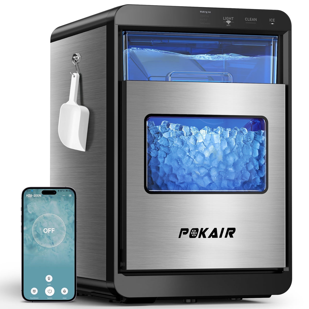 POKAIR Smart Nugget Ice Maker Countertop, Wi-Fi App Controlled Portable Ice Maker 44lbs/Day, Soft Chewable Pebble Ice in 9 Minutes, Self-Cleaning, Stainless Steel Ice Machine for Home & RVs