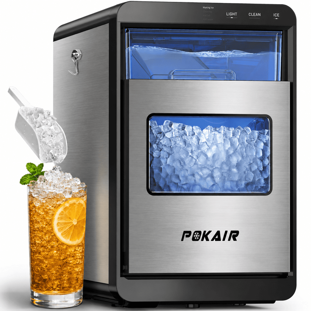 POKAIR Countertop Nugget Ice Maker for Fresh Chewable Ice, 44 lbs/Day Pebble Ice Machine, 9-Min Ice, Self-Cleaning, ETL, Brushed Stainless Steel