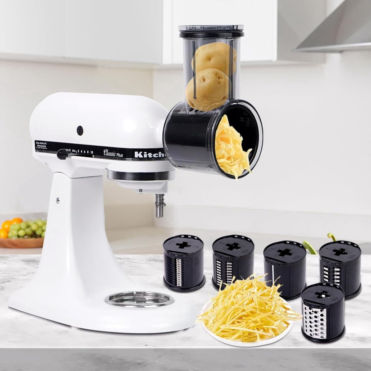 PQPO Stainless Steel Slicer Shredder Grater with 4 Blades, Compatible with KitchenAid Stand Mixer, Cheese Grater