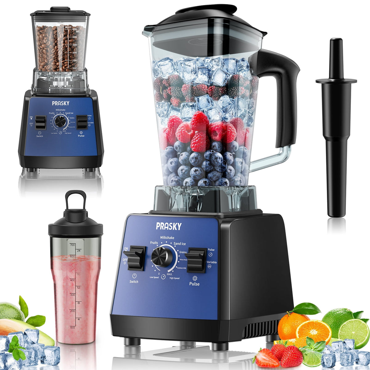 PRASKY Countertop Blender, 2-in-1 Professional Blender, 68oz Capacity 1000W 6 Speeds Blender for Kitchen with 25oz to-go Cup (Black)