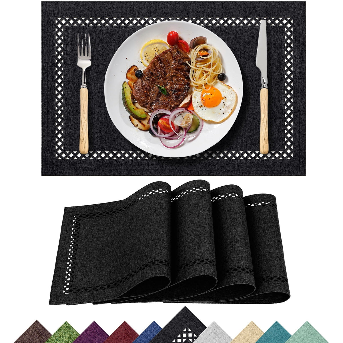 Placemats Set of 4, Yamaziot Double Layer Cloth Fabric Heat Resistant Place Mat, Washable Reversible Rectangle Dining Table Mats, Hollow Khaki, 12"x18"