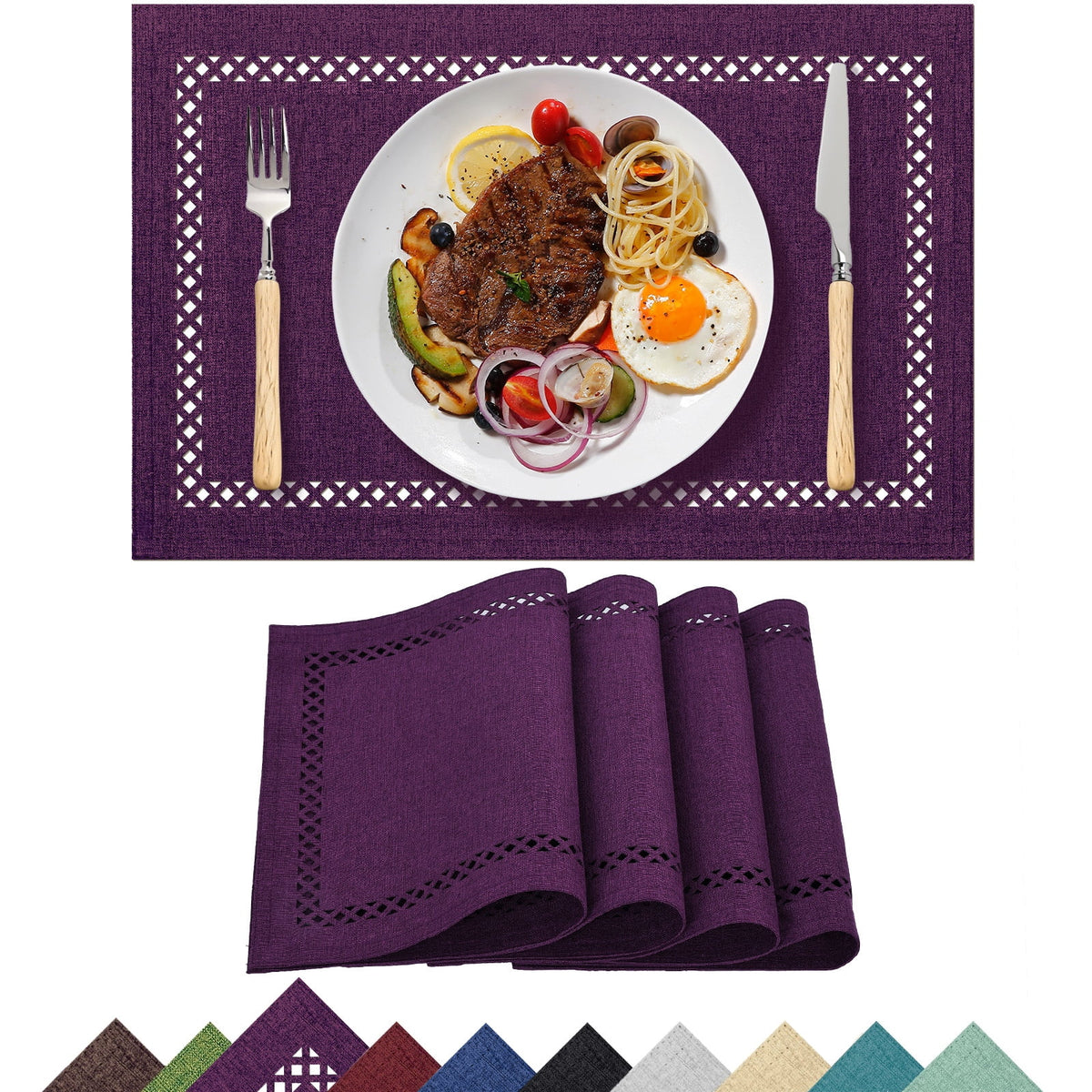 Placemats Set of 4, Yamaziot Double Layer Cloth Fabric Heat Resistant Place Mat, Washable Reversible Rectangle Dining Table Mats, Hollow Khaki, 12"x18"