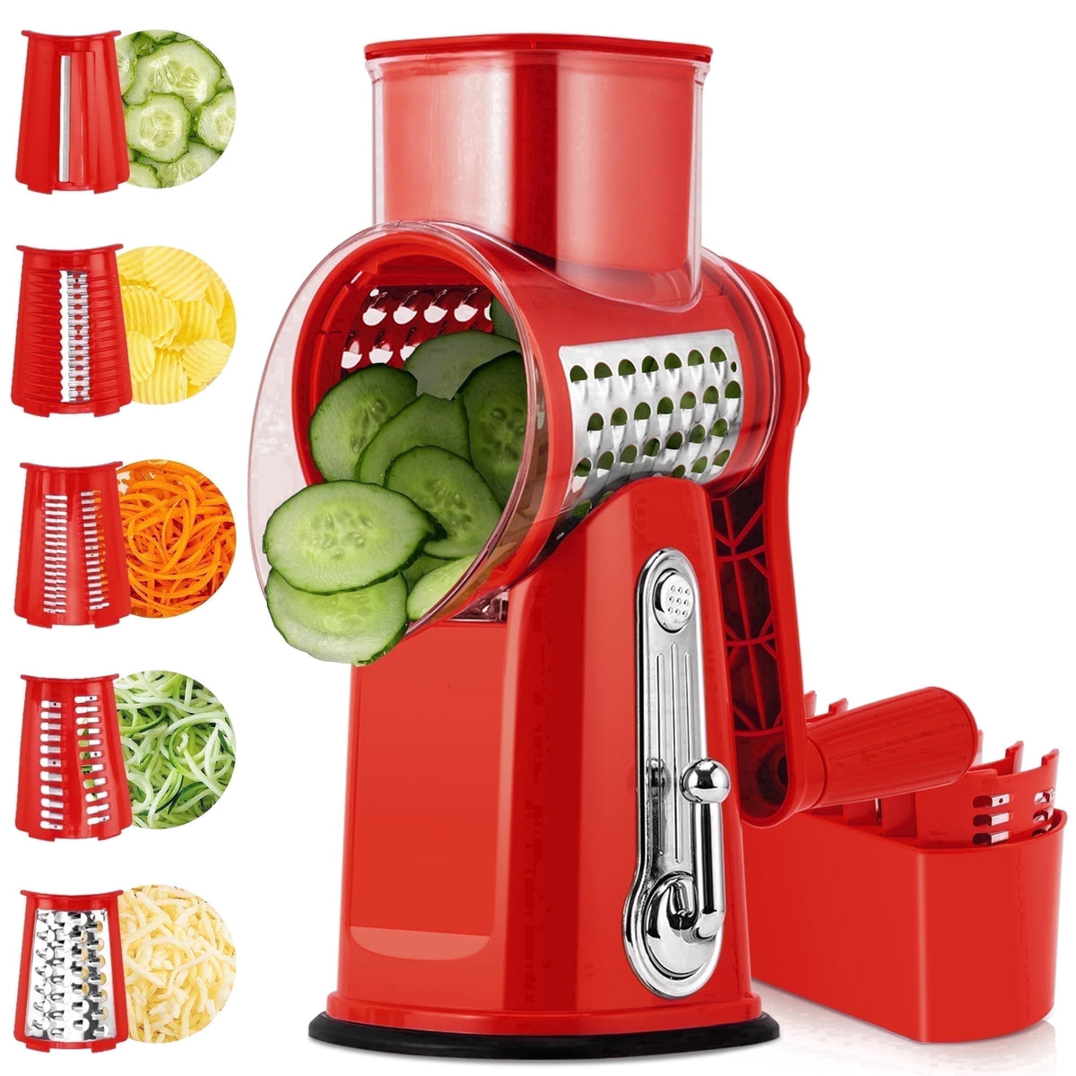 Pukomc Rotary Cheese Grater with Handle- 5 Blades, Suction Base, Mandoline Slicer & Veg Shredder with Blade Storage Box(Green)