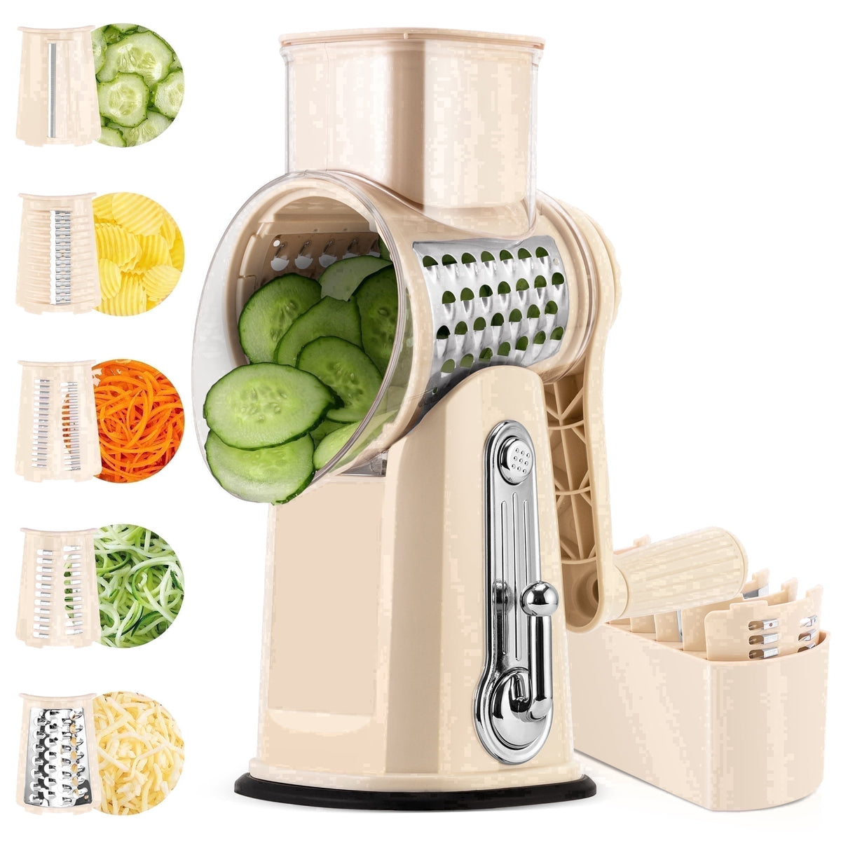 Pukomc Rotary Cheese Grater with Handle- 5 Blades, Suction Base, Mandoline Slicer & Veg Shredder with Blade Storage Box(Green)