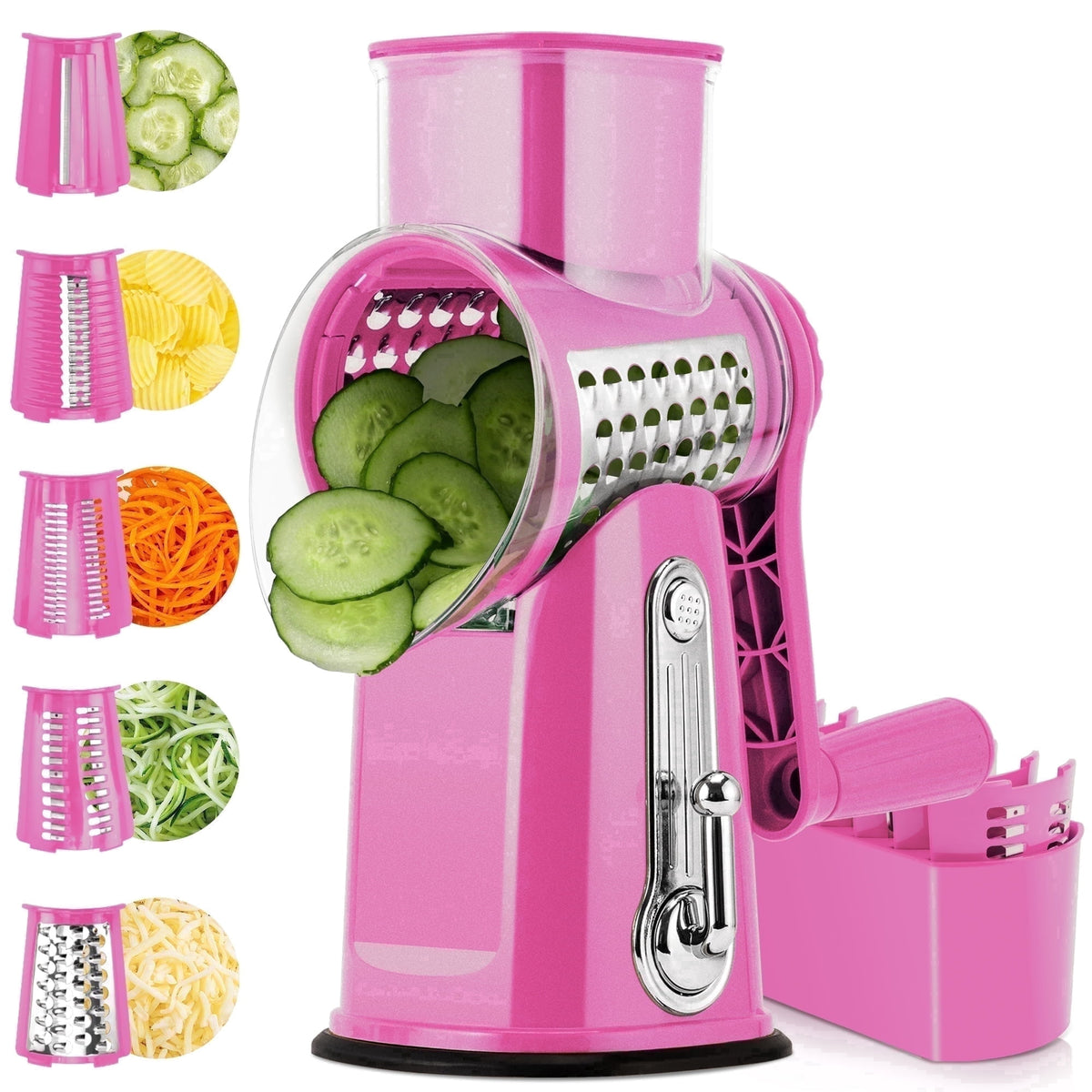 Pukomc Rotary Cheese Grater with Handle- 5 Blades, Suction Base, Mandoline Slicer & Veg Shredder with Blade Storage Box(Green)