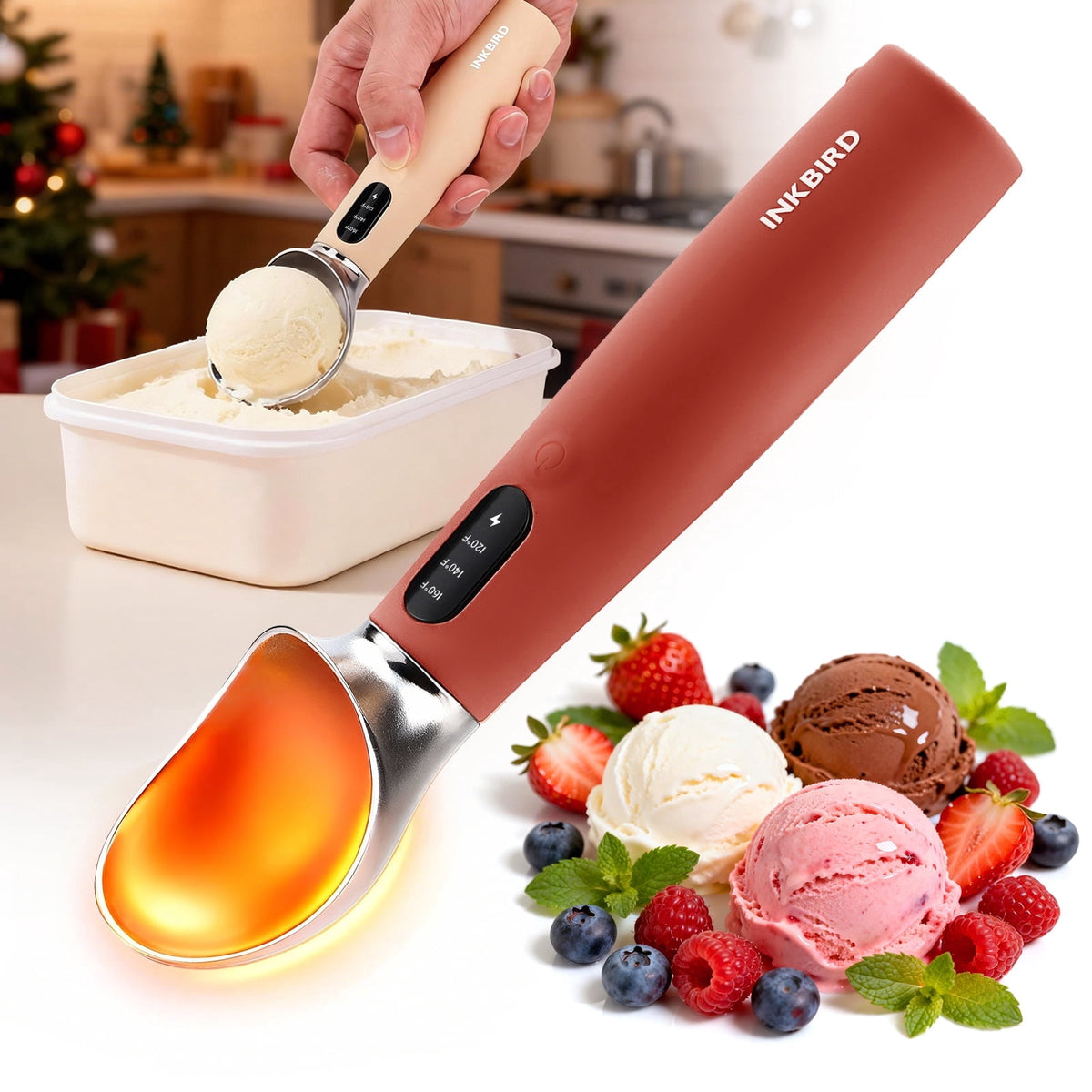 Heated Ice Cream Scoop Rapid Heating Food Grade Stainless Steel 3-Level Temperature Control Waterproof, Effortless Scooping for Seniors, Kids & Women