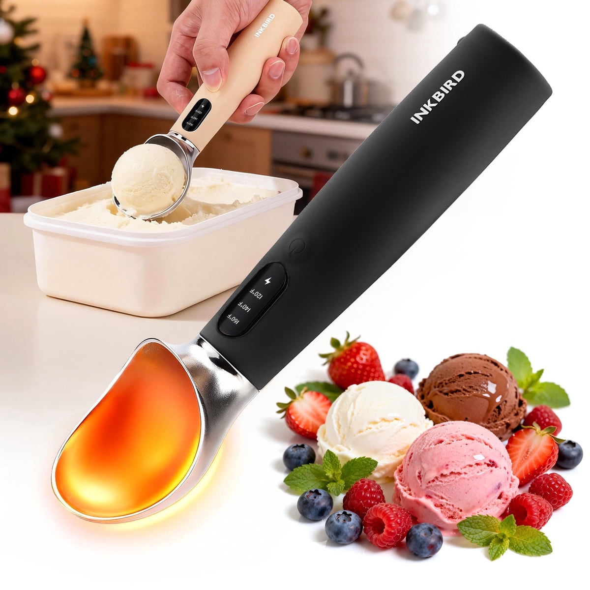 Heated Ice Cream Scoop Rapid Heating Food Grade Stainless Steel 3-Level Temperature Control Waterproof, Effortless Scooping for Seniors, Kids & Women