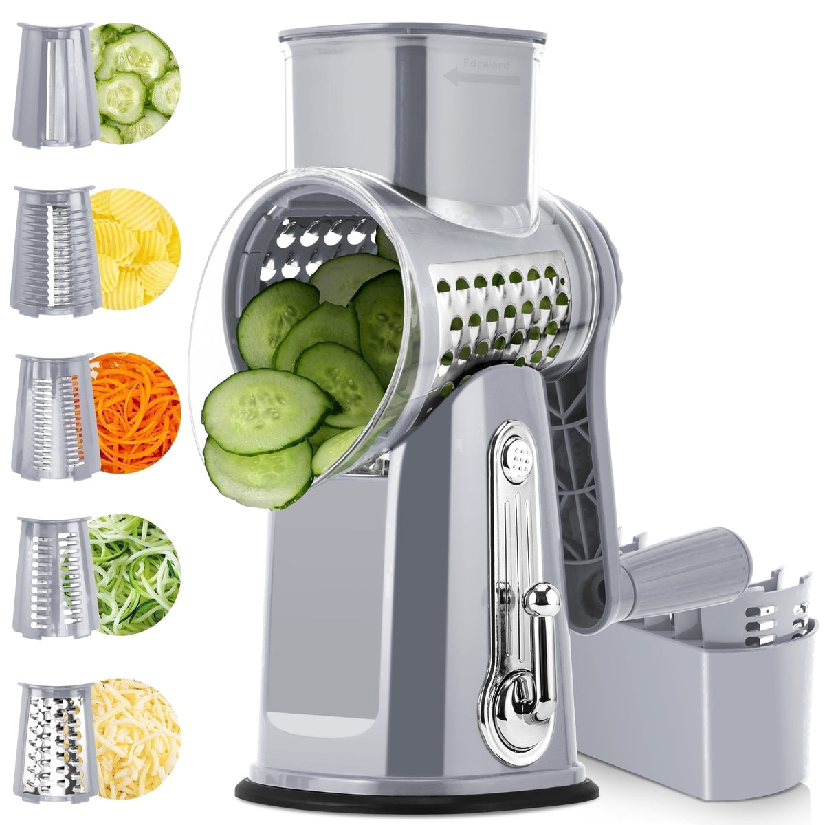 Pukomc Rotary Cheese Grater with Handle- 5 Blades, Suction Base, Mandoline Slicer & Veg Shredder with Blade Storage Box(Green)