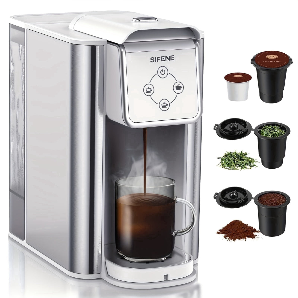 SIFENE 3-in-1 Single Serve Coffee Maker, Compatible with K Cup Capsules & Grounds, Tea Maker, 6-10 Oz Brew Sizes, 50 Oz Removable Reservoir, Fast Brew, Compact Design, 120V 1150W, Black
