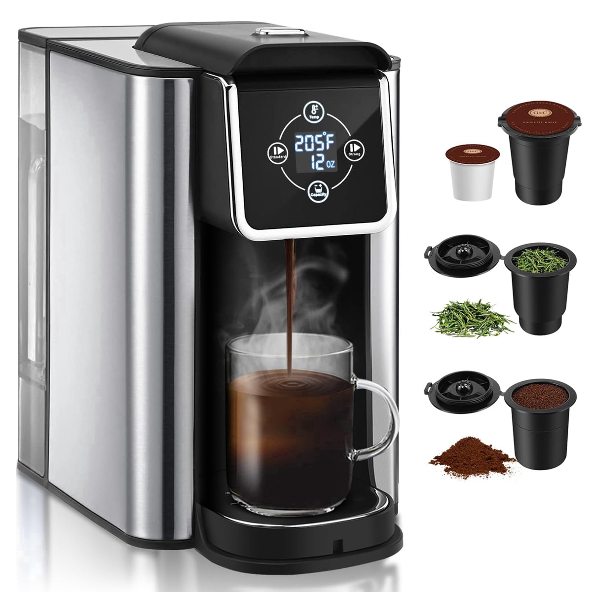 SIFENE 3-in-1 Single Serve Coffee Maker, Compatible with K Cup Capsules & Grounds, Tea Maker, 6-10 Oz Brew Sizes, 50 Oz Removable Reservoir, Fast Brew, Compact Design, 120V 1150W, Black