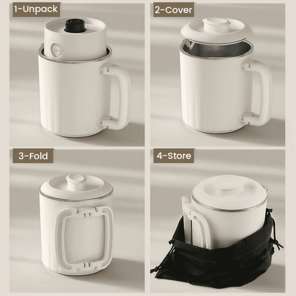 SpaceMuse Portable Collapsible Electric Water Kettle 27.1oz, 304 Stainless Steel Electric Kettle with Dual Heat Settings, Tea Brewer Milk Frother Coffee Maker with for Travel Camping Office&Home Use