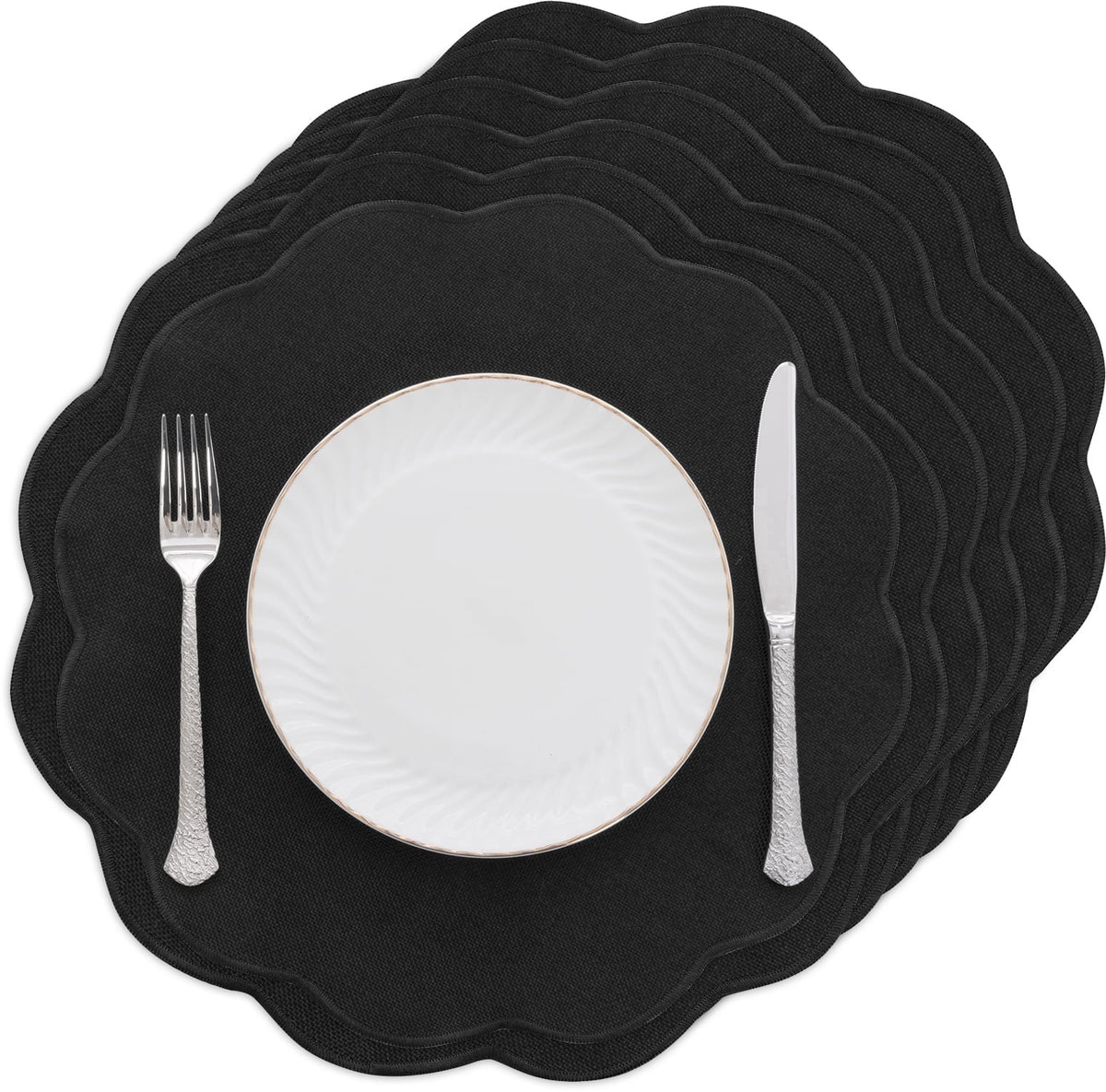 Ileading Scalloped Round Placemats Set of 6 Polyester Linen Blend Washable Non Slip Place Mats Easy Clean Heat Resistant Table Mats for Kitchen Dining Table Decor