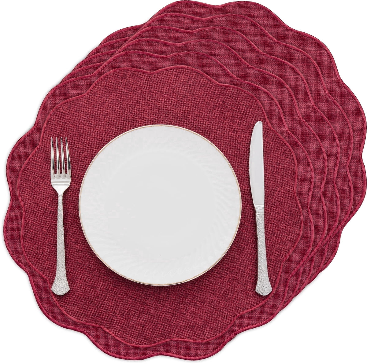 Ileading Scalloped Round Placemats Set of 6 Polyester Linen Blend Washable Non Slip Place Mats Easy Clean Heat Resistant Table Mats for Kitchen Dining Table Decor
