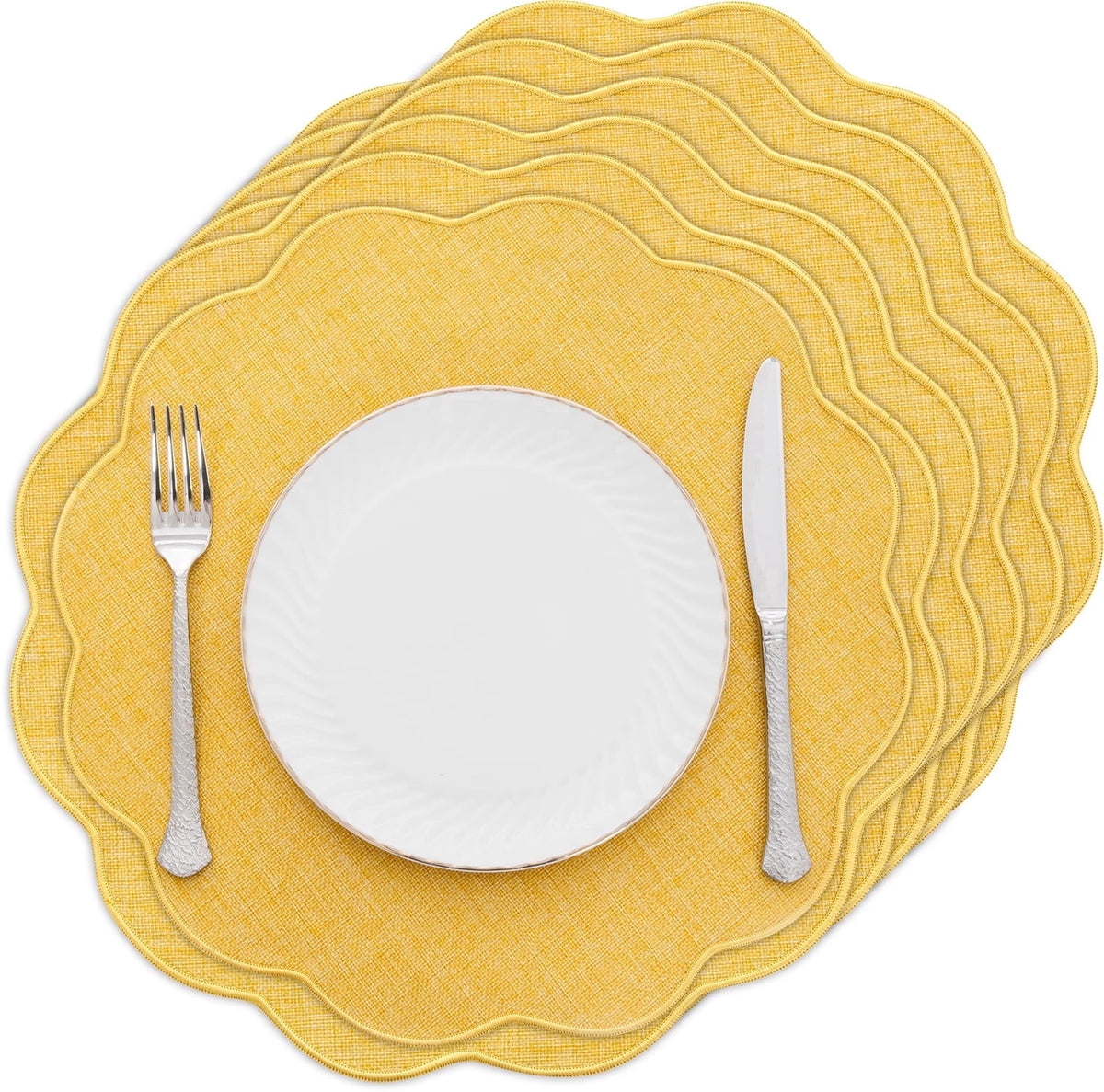Ileading Scalloped Round Placemats Set of 6 Polyester Linen Blend Washable Non Slip Place Mats Easy Clean Heat Resistant Table Mats for Kitchen Dining Table Decor