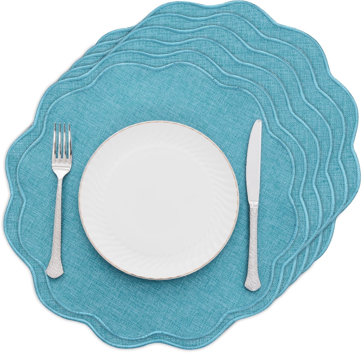 Ileading Scalloped Round Placemats Set of 6 Polyester Linen Blend Washable Non Slip Place Mats Easy Clean Heat Resistant Table Mats for Kitchen Dining Table Decor
