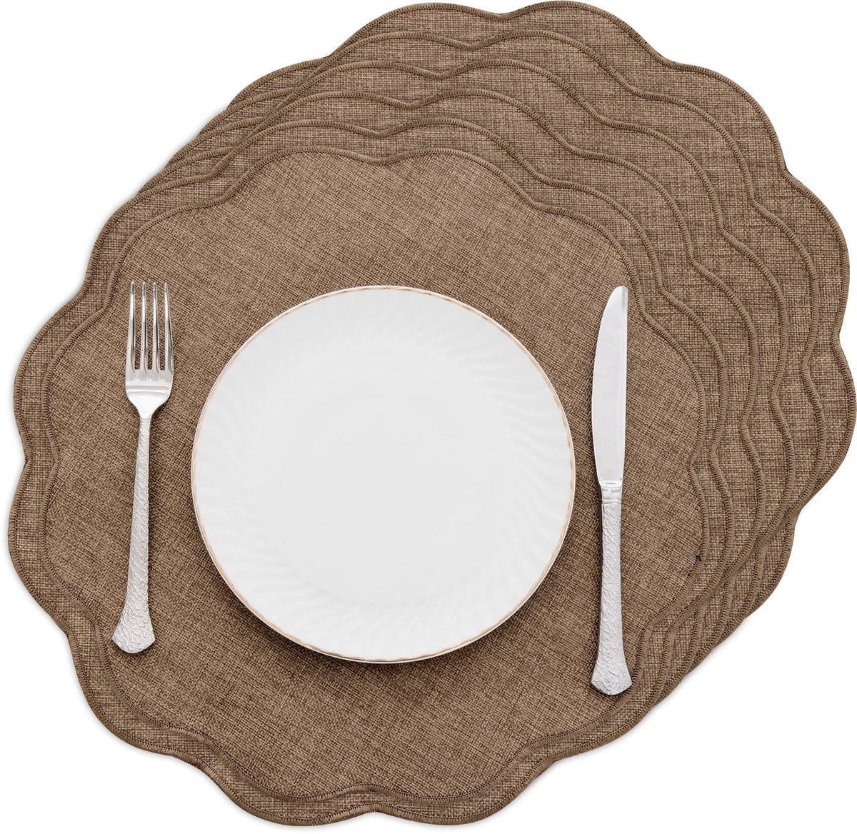 Ileading Scalloped Round Placemats Set of 6 Polyester Linen Blend Washable Non Slip Place Mats Easy Clean Heat Resistant Table Mats for Kitchen Dining Table Decor