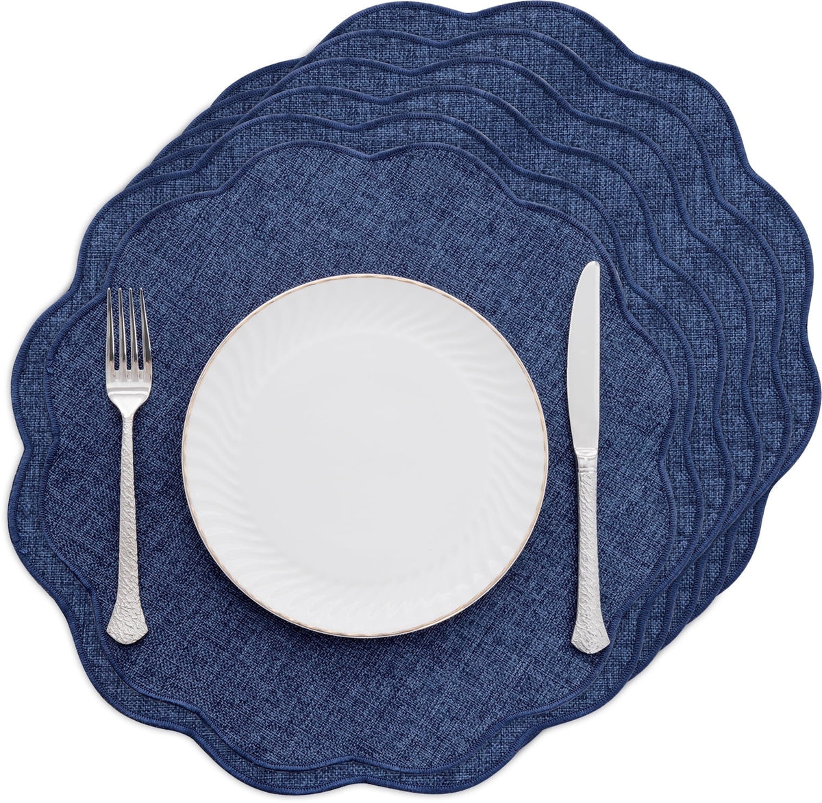 Ileading Scalloped Round Placemats Set of 6 Polyester Linen Blend Washable Non Slip Place Mats Easy Clean Heat Resistant Table Mats for Kitchen Dining Table Decor