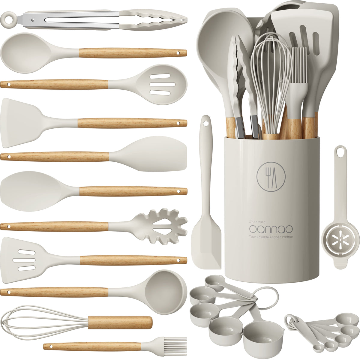 Silicone Cooking Utensils Set - Silicone Kitchen Utensils for Cooking Wooden Handles, 446°F Heat Resistant Kitchen Utensil Spatula Sets w Holder, Gadgets for Non-Stick Cookware BPA FREE (Black)
