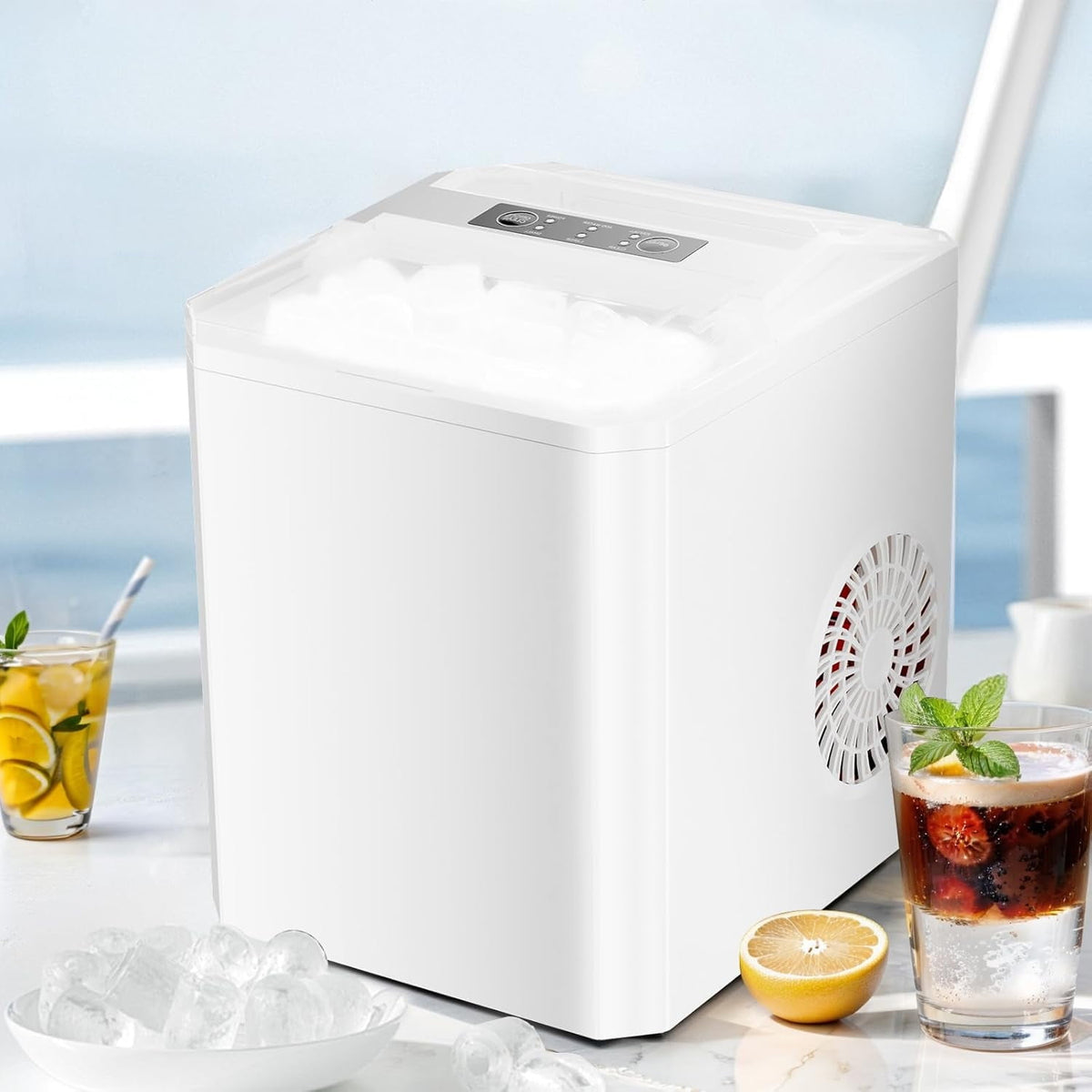 Simenmax Ice Maker Countertop – 26lbs Desktop ice maker with Handle for Home, Kitchen, Office, Outdoors, RV, Camping, White