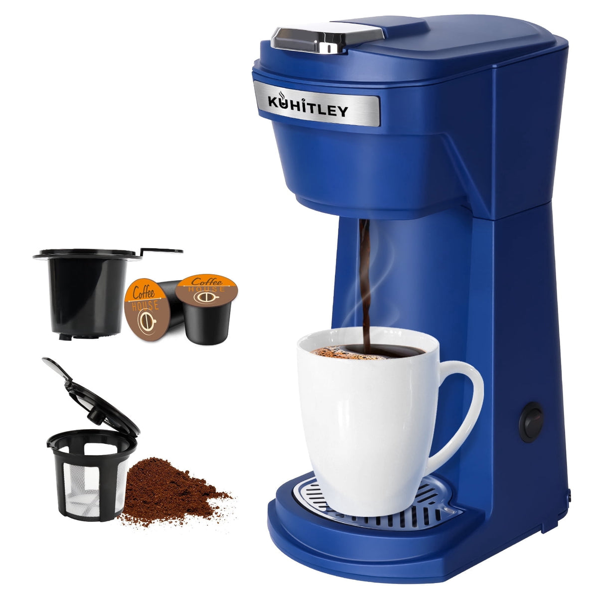 2 in 1 Single Serve Coffee Maker for K Cup Pods & Ground Coffee, Mini K Cup Coffee Machine with 6 to 14 oz Brew Sizes, Single Cup Coffee Brewer with One-Press Fast Brewing, Reusable Filters,Black
