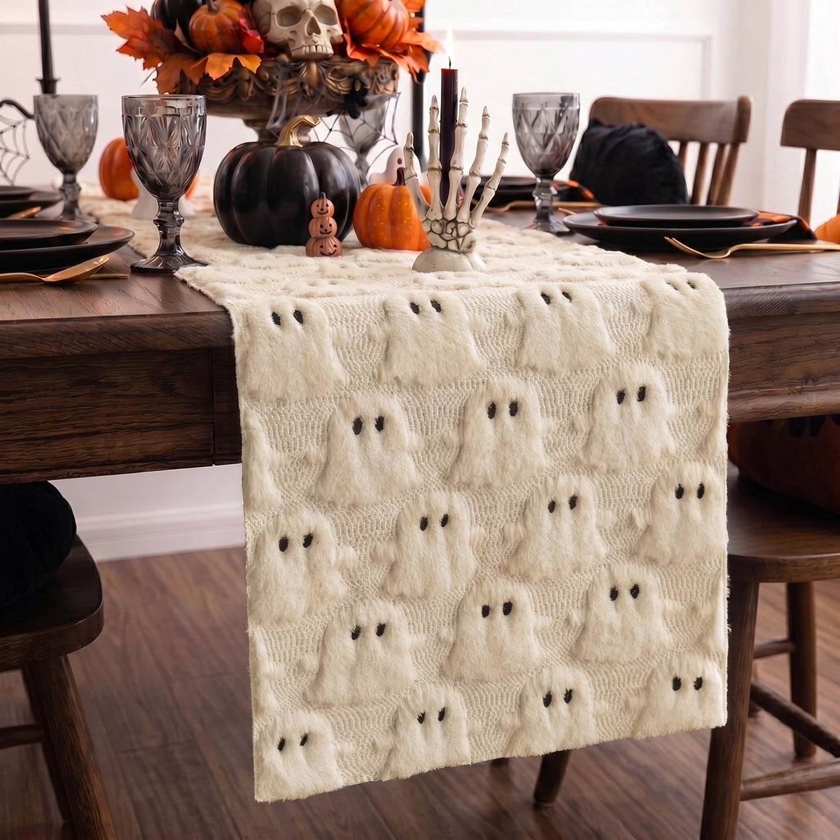 Sm:)e White Ghost Halloween Table Runner 13x72 Inch, Soft Plush Faux Fur Mantel Kitchen Dining Table Decor, Halloween Home Party Decor