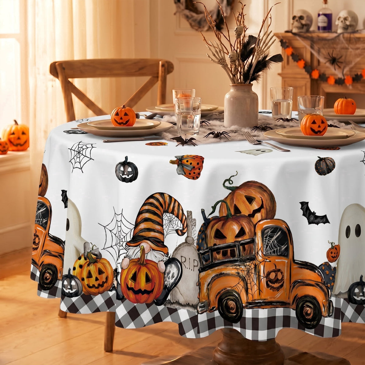 Sm:)e Truck Jack O Lantern Pumpkin Bat Buffalo Plaid Halloween Tablecloth 60 x 84 Inch, Wrinkle-Resistant Table Cover for Dining Decor, Rectangle