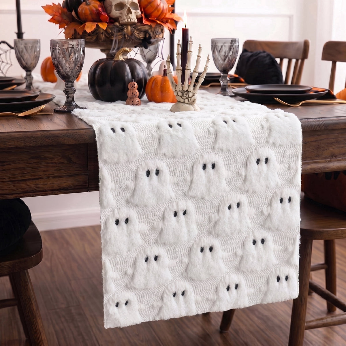 Sm:)e White Ghost Halloween Table Runner 13x72 Inch, Soft Plush Faux Fur Mantel Kitchen Dining Table Decor, Halloween Home Party Decor