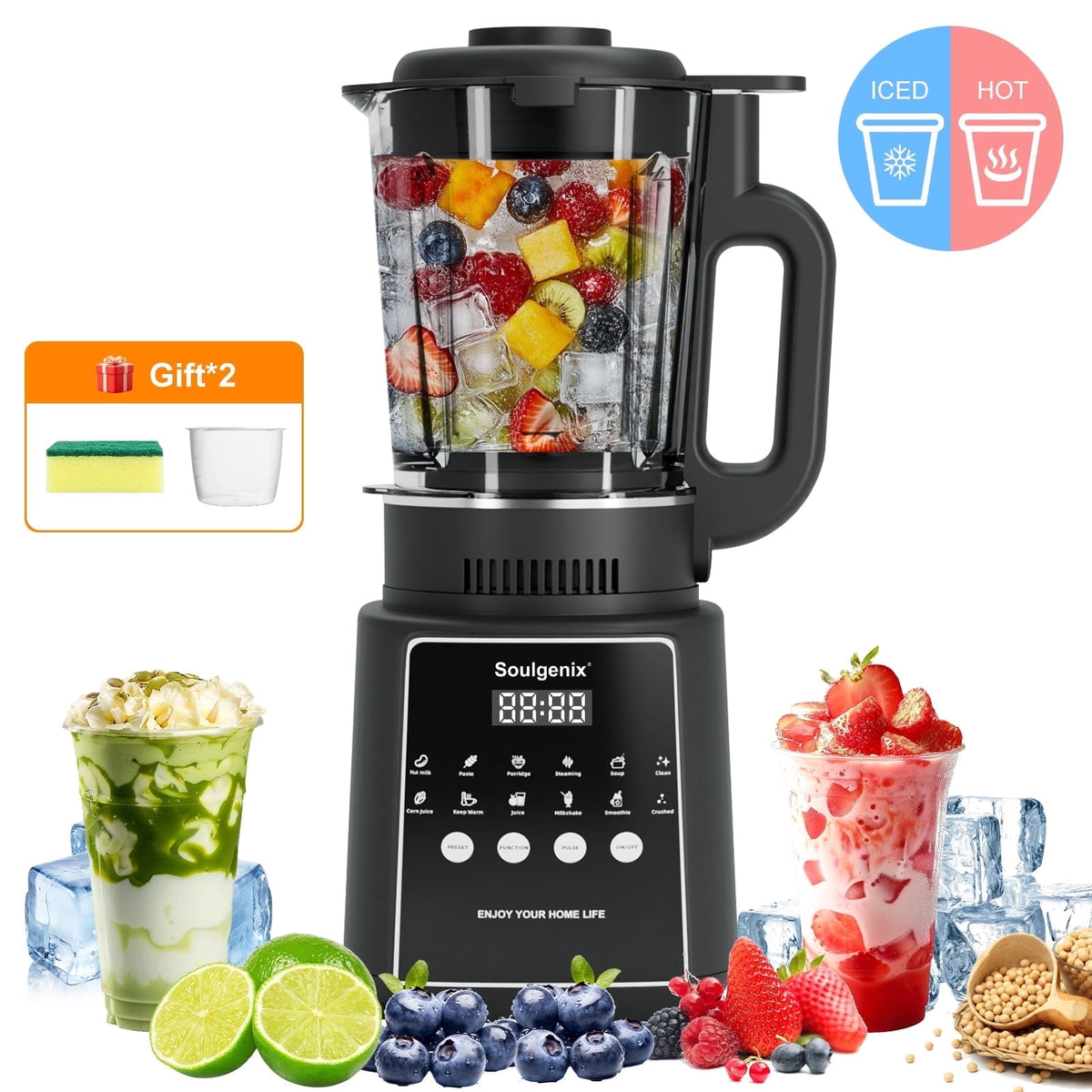 Soulgenix Blender for Smoothies, 50 oz Countertop Blender with Milkshake, Juice, Crush Ice and Pulse, 1200W Peak Watts, PowerCrush Food Processor with Self-Cleaning, Stainless Steel Blade, Black