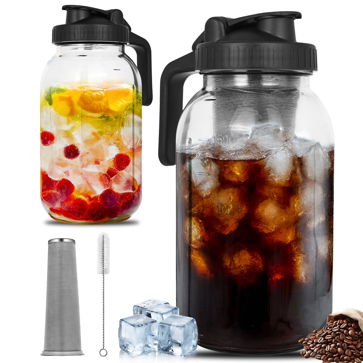 Soulgenix Cold Brew Coffee Maker, 64 oz Mason Jar Pitcher with Stainless Steel Filter, Cleaning Brush, Black