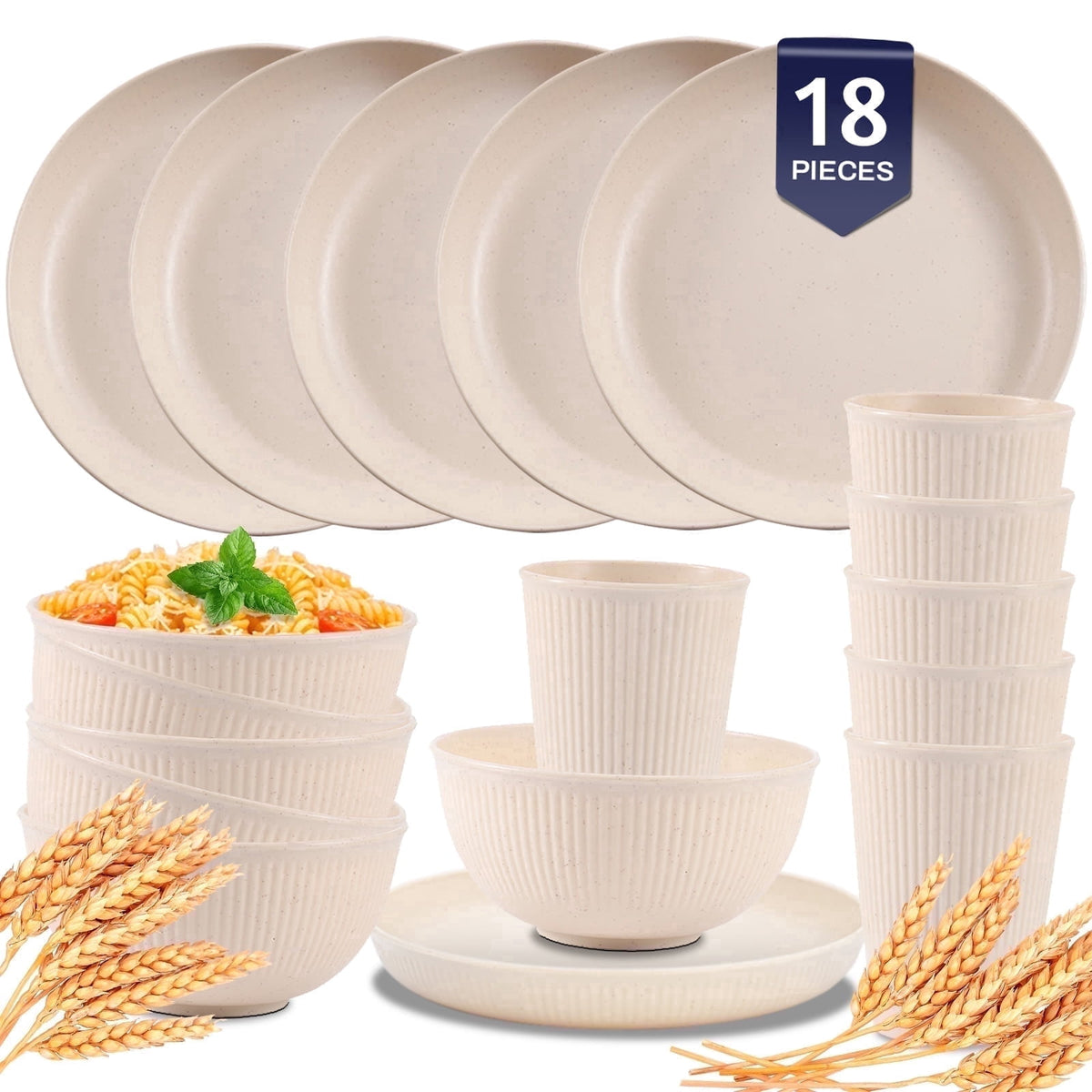 Soulgenix Wheat Straw Dinnerware Sets 18 Pcs, Dinnerware Sets for 6, Unbreakable Microwave Safe, Black
