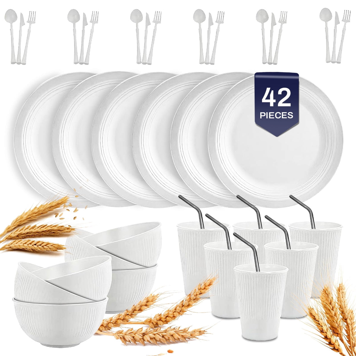 Soulgenix Wheat Straw Dinnerware Set, 48 Piece Plastic Plates and Bowls Sets for Microwave & Dishwasher Safe, Unbreakable Reusable Dish Set for Home, Dorm, Picnic, Black