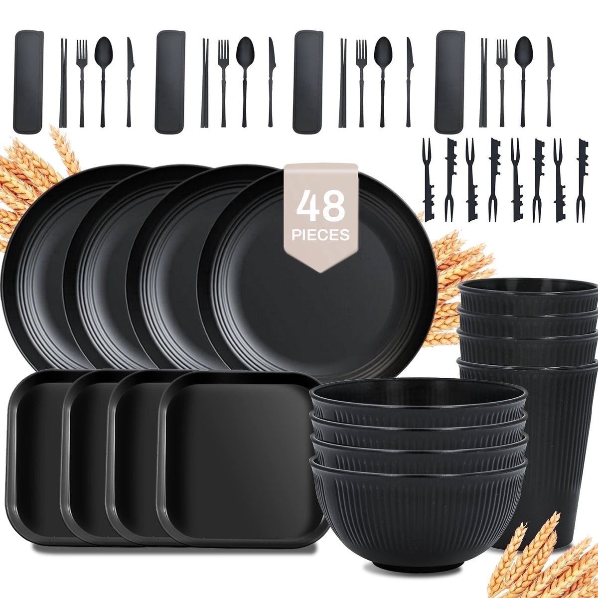 Soulgenix Wheat Straw Dinnerware Sets, 48 Pcs Unbreakable Dinnerware Sets for 4, Microwave Dishwasher Safe, Beige