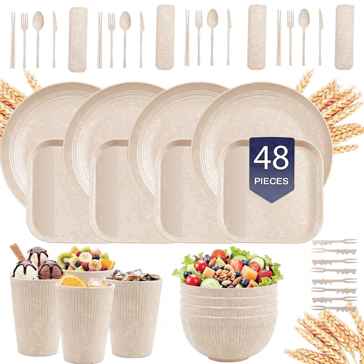 Soulgenix Wheat Straw Dinnerware Set, 48 Piece Plastic Plates and Bowls Sets for Microwave & Dishwasher Safe, Unbreakable Reusable Dish Set for Home, Dorm, Picnic, Black