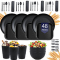 Soulgenix Wheat Straw Dinnerware Set, 48 Piece Plastic Plates and Bowls Sets for Microwave & Dishwasher Safe, Unbreakable Reusable Dish Set for Home, Dorm, Picnic, Black