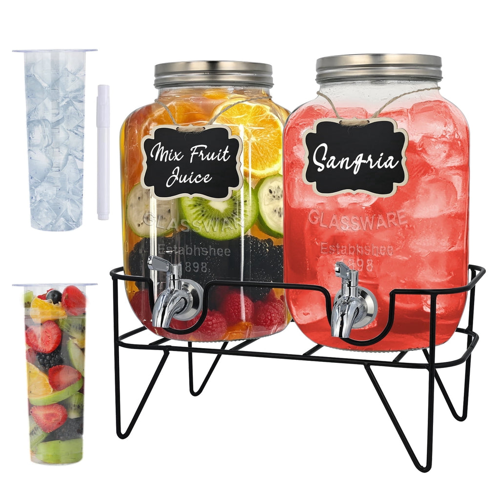Soulgenix 2 Gallon Glass Drink Dispenser Set, Drink Dispensers for Parties Beverage Dispenser with Stand and Stainless Steel Spigot for Juice, Fruit Tea and Lemonade