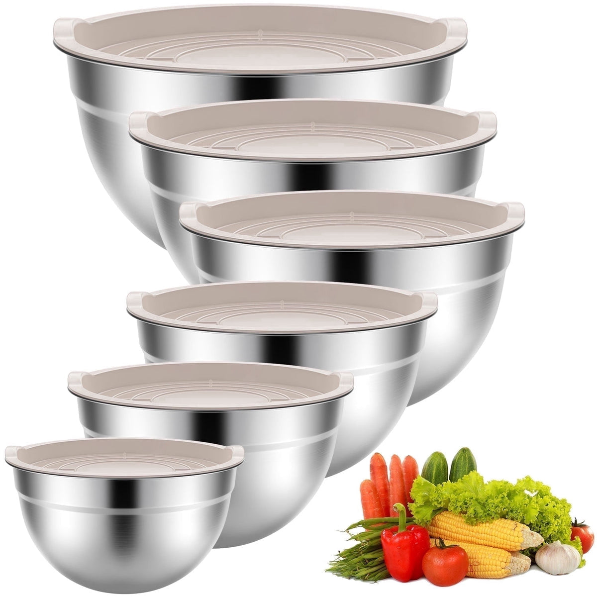 Stainless Steel Mixing Bowls Set, TINANA 6 Pack Mixing Bowls with Lids, Metal Nesting Storage Bowls for Kitchen, 4.5/3/2.5/2/1.5/0.75QT, Great for Prep, Baking, Serving, Multicolor