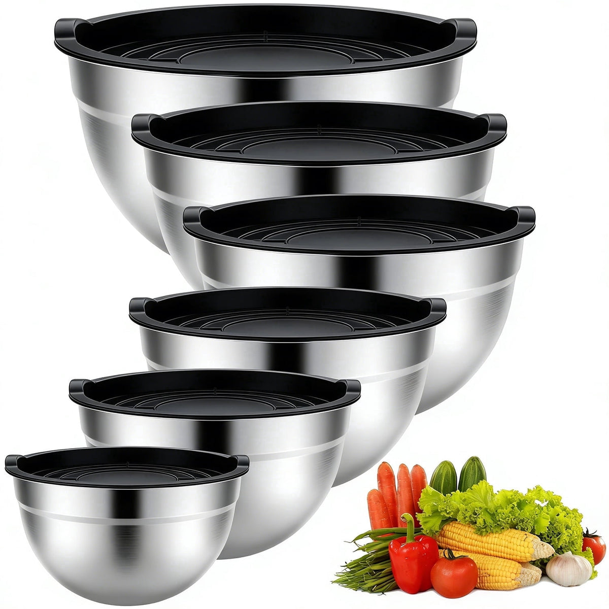 Stainless Steel Mixing Bowls Set, TINANA 6 Pack Mixing Bowls with Lids, Metal Nesting Storage Bowls for Kitchen, 4.5/3/2.5/2/1.5/0.75QT, Great for Prep, Baking, Serving, Multicolor