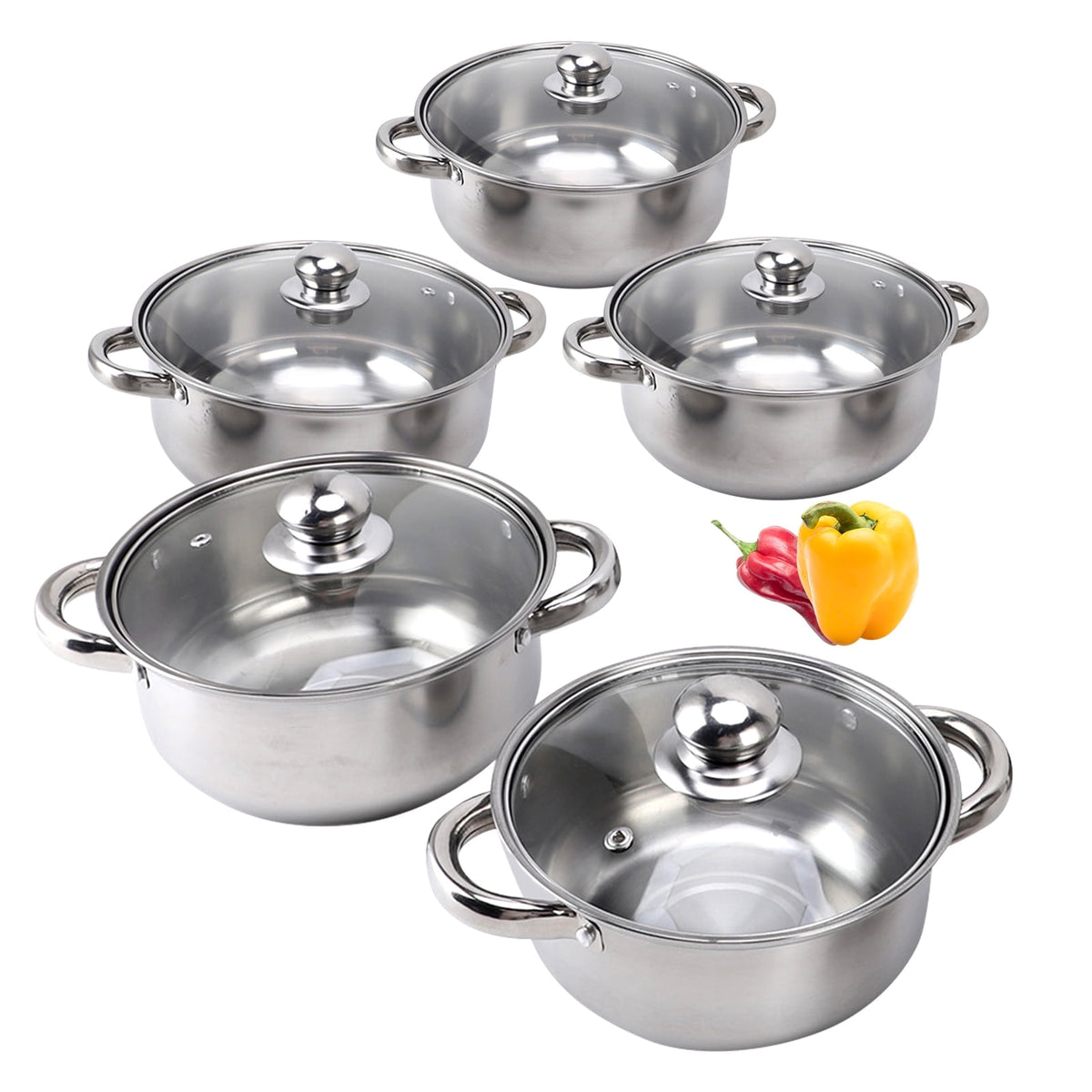 Stainless Steel Pots Sets 10-Piece, Kitchen Cookware Set Saucepan With Glass Lid Stockpot Soup Pot With 2 Ear Handle For Cooking Dishwasher , Silver