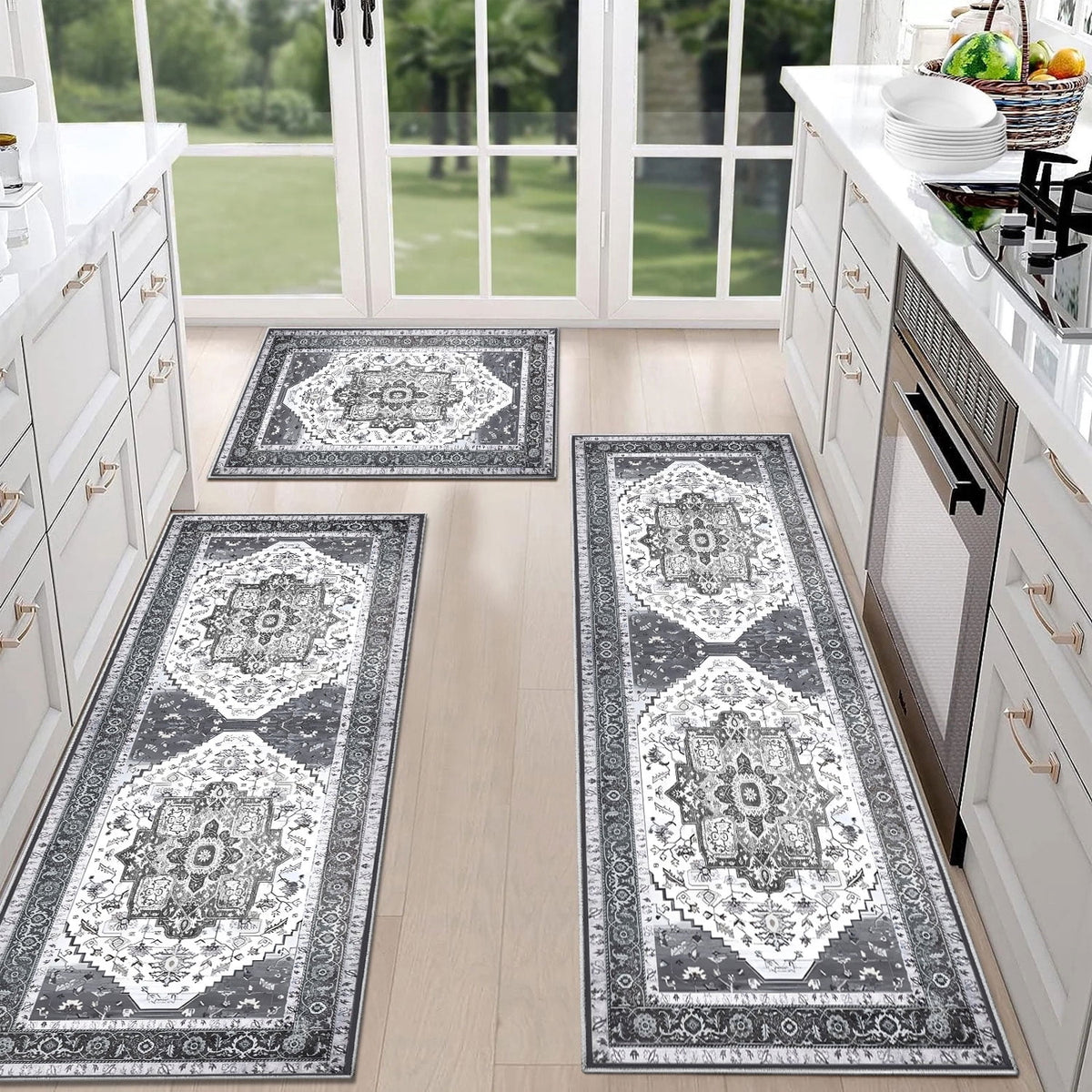 TECHVIDA Kitchen Rug Set 3 Piece,Non Slip Machine Washable Kitchen Mats, Farmhouse Hallway Doormat for Home Floor and Living Room,Gray