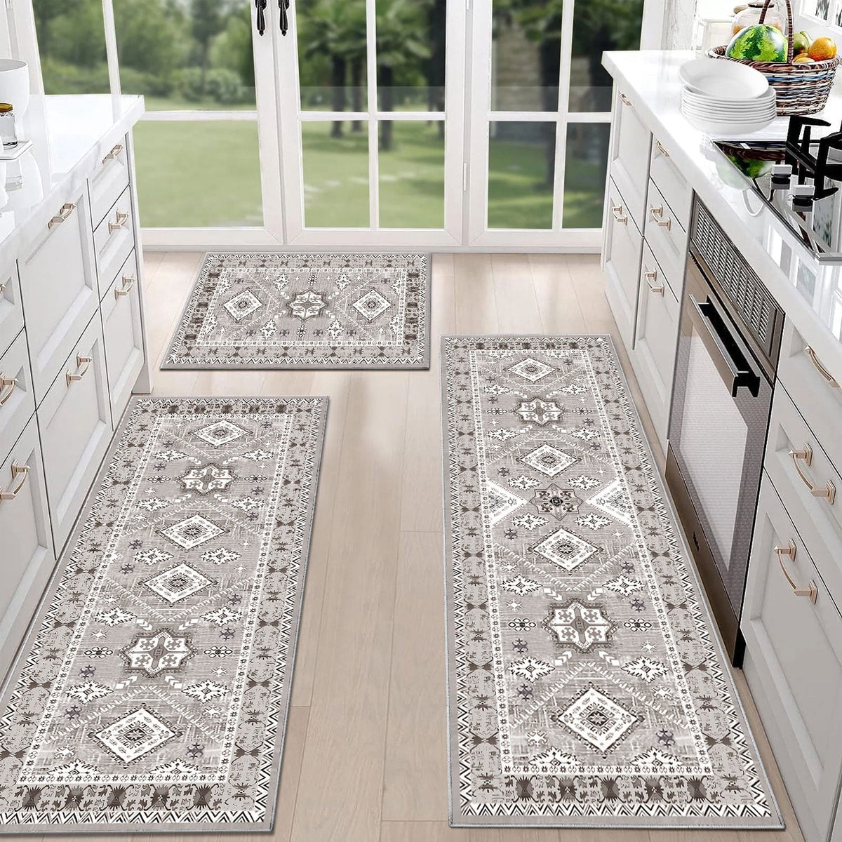 TECHVIDA Kitchen Rug Set 3 Piece,Non Slip Machine Washable Kitchen Mats, Farmhouse Hallway Doormat for Home Floor and Living Room,Gray